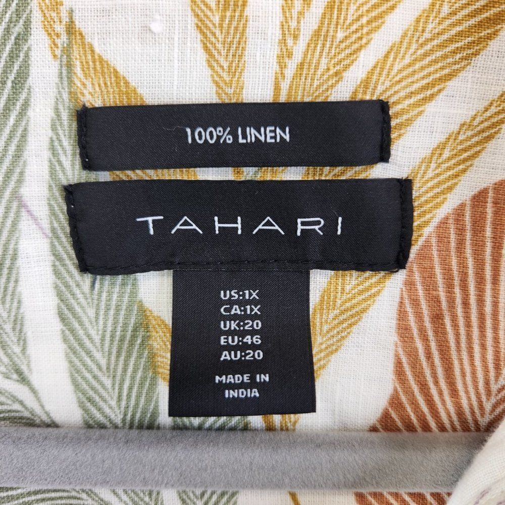 Tahari Linen Top Womens 1X Cream Floral Leaves Tropical Button Side Resort - Picture 9 of 16